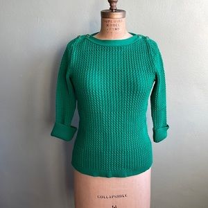 Bright green cotton cable knit sweater with 3/4 sleeves